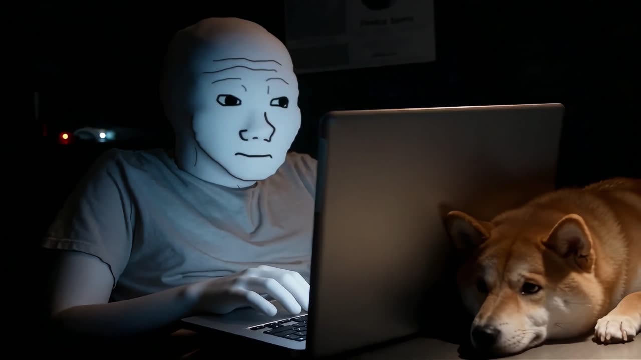 Trenchie typing on his laptop at night, his shiba asleep beside it.
