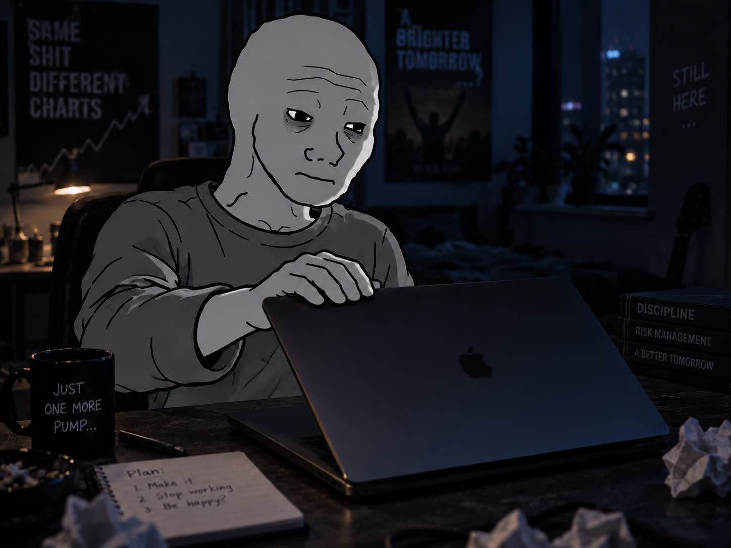 Trenchie at his desk at night, closing his laptop. A mug reads 'just one more pump', a notebook lists his plan, posters on the wall.